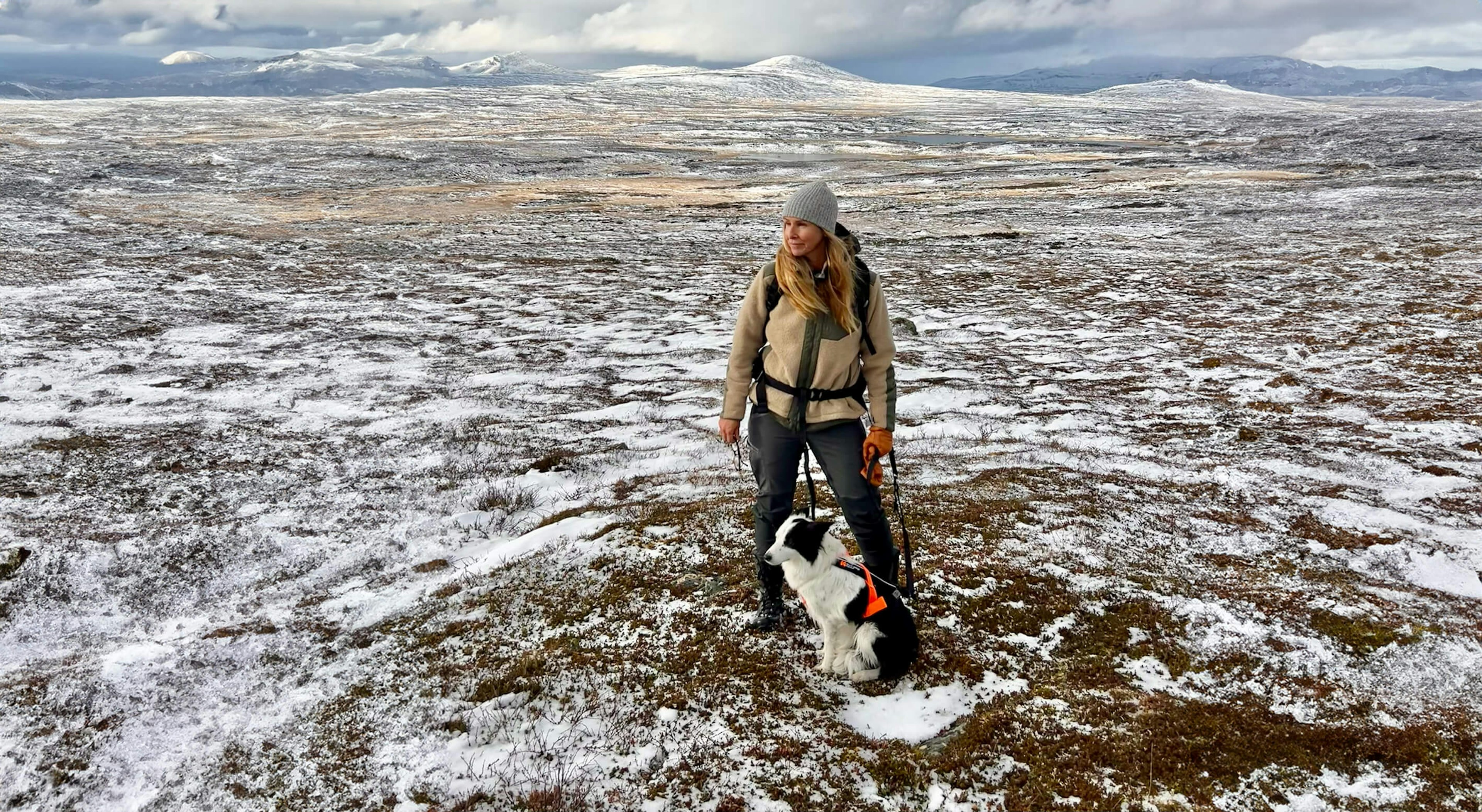 Woman hiking with a dog inte the mountains