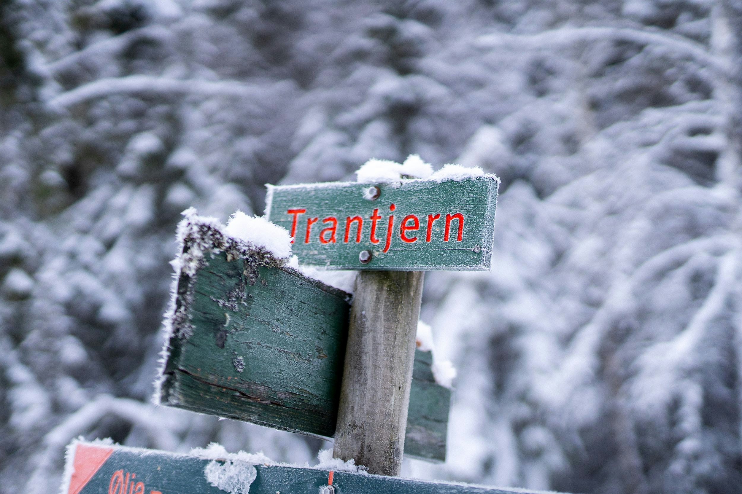 Skiforeningens markaskilt ved Trantjern.